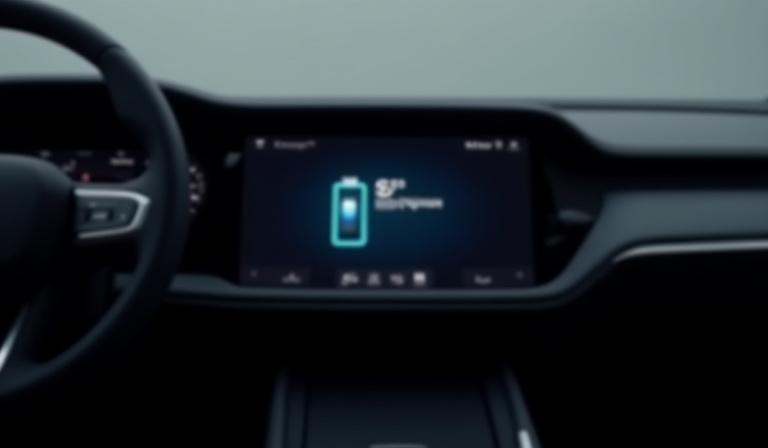 Närbild på den minimalistiska interiören och den stora mittskärmen i en Polestar 5, som visar laddningsstatus.