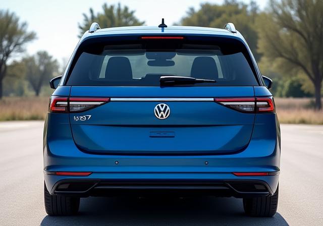 Baksidan av en blå Volkswagen ID.7 Tourer som belyser dess kombi-design.